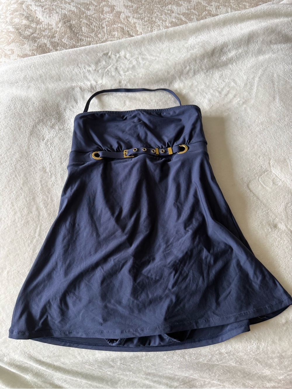 Michael Kors Navy One-Piece Swim Dress with Gold Buckle